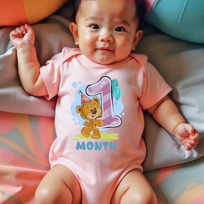 Image of Knitroot Monthly Birthday Teddy Special, Newborn Baby Half Sleeve Unisex Romper, Onesies, Sleepsuit, Body Suit, Envelope Neck, 1 to 12 Months Print, 0-12 Months, Infant Cloth for Boys & Girls