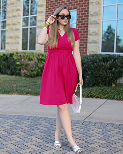 Image of Newshows Womens Summer Short Sleeve Casual Dresses V Neck Floral Vacation Sundress Faux Wrap Midi Dress with Pockets