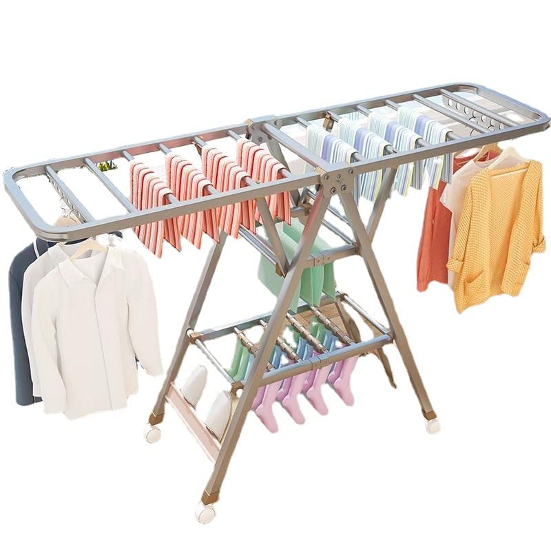 ALMEKAQUZ Clothes Drying Rack, Aluminum Foldable 2-Level Drying Racks for Laundry, Large Foldable Laundry Stand with Height-Adjustable Gullwings, Sock Clips Hooks for Bed Linen, Clothing, Socks