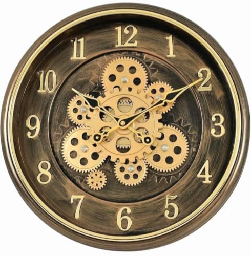 Image of Large Size 35 cms Rotating Moving Gears Wall Clock Industrial Steampunk Real Moving Gear Designer Wall Clock for Living Room Home Decor Office Wooden Look Plastic Round 14 Inch (Brown)