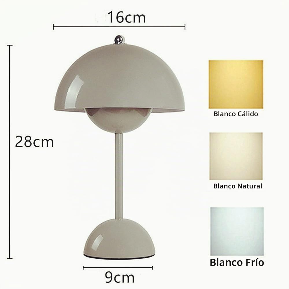 TRIXES Lámpara de mesa recargable gris en forma de hongo - Lámpara de mesa inalámbrica regulable, 3 colores de luz LED ajustables