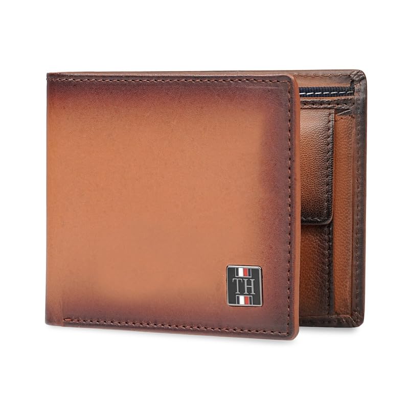 Image of Tommy Hilfiger Men's Leather Global Coin Wallet Gistel - Tan | Slim Bifold with 4 Card Slots, 2 Bill CompartMen'sts & 6-Month Warranty | Stylish Purse for Men's