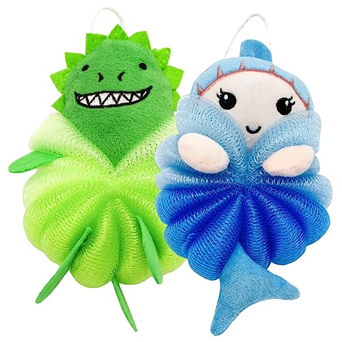 Gogogmee 2Pcs Bath Loofah Sponges Exfoliating Shower Scrubbers for Soft Lightweight Skin Friendly Bathing Balls Dinosaur Mermaid
