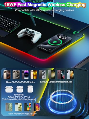 Image of Magnetic Charging Mouse Pad, 31.5x11.81 Inch XL Gaming Mousepad, 11+5 RGB Lighting Modes, Home Office Large Desk Pad with Ultra-Smooth Surface, Non-Slip, Waterproof Keyboard Pad Classic Black Desk Mat