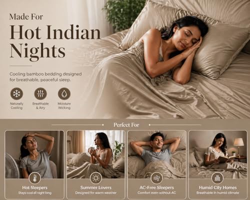 Image of Noare Cooling Bamboo Bedsheet King Size for Double Bed - Breathable & Ultra Soft Summer Bedding Set with 1 Fitted Bedsheet and 2 Pillow Covers - Luxury Cooling for Hot Sleepers | Aesthetic Beige.