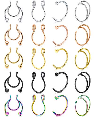 QWALIT Fakes Nose Ring Fake Septum Jewelry Face Faux Septum Nose Rings Hoop Moon Stainless Steel Non Piercing Clip on Lip Cartilage Earrings Hoops Feaux Nose Rings Gold Silver Black Rose Gold Rainbow
