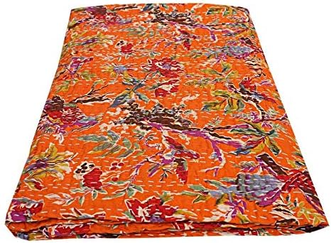 Indian Kantha Embroidered Kantha Size Kantha Bedspread, Throw, Indian Print Handmade Blanket, Bird Reversible King Size Quilt