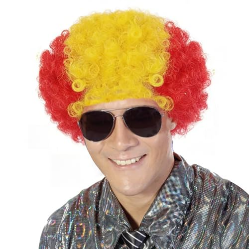 Image of FREE BEAUTY Spain Flag Colored Afro Wig for Men Women 2026 World Cup Fan Wig Soccer Fans Cheer Hair Black Red Yellow Afro Wigs for Football Fans for Stadium Party Cosplay (Spain)
