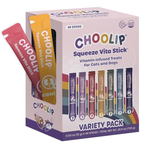Choolip Squeeze Vita Stick Lickable Cat and Dog Treats 49-Count Variety Pack Real Meat Puree with Multivitamins for Total Pet Wellness Grain-Free High-Moisture Vet-Formulated