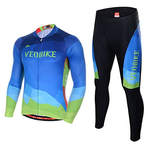 Asvert Fahrradbekleidung, Männer Langarm-Radfahren Jersey Set Mountain Biking Anzug Kleidung Kompression Hosen,Blau und schwarz,XL