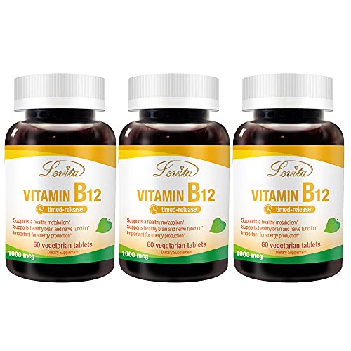 Lovita Vitamin B12 1000 mcg (B12 Vitamins as Cyanocobalamin), Timed Release B12, Vegan-Friendly, Supports Nervous System, 60 Vegetarian Tablets (2 Month Supply) (Pack of 3)