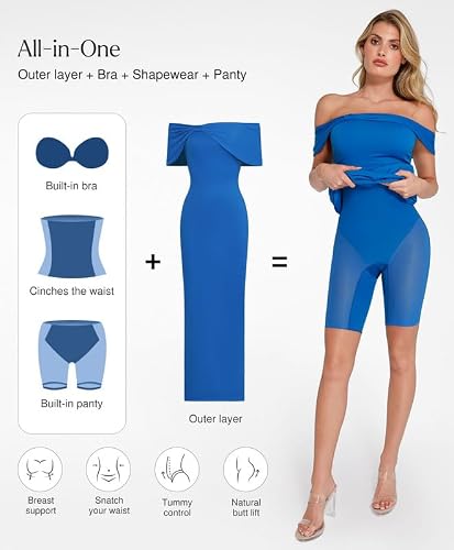 Popilush Formal Dresses for Women Wedding Guest Off The Shoulder Maxi Dress Sleeveless Bodycon Long Shapewear Prom Dress Blue — view 3