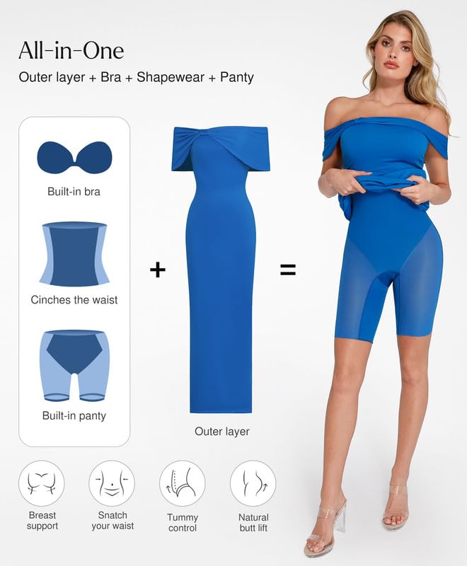 Image of Popilush Off The Shoulder Maxi Dress Wedding Guest Formal Dresses for Women Sleeveless Bodycon Long Shapewear Prom Dress