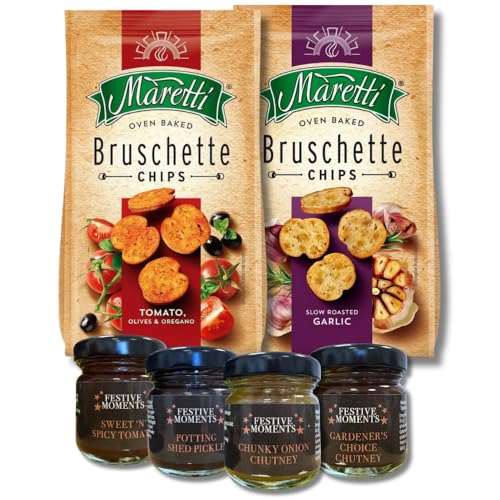 Maretti Bruschette Chips Snack Bundle with 4 Gourmet Chutneys Tomato Olive & Oregano + Slow Roasted Garlic Flavours 70g with Mini Chutney Jar Selection - Festive Snack Set