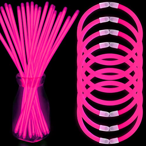 NUDALA 100 Pink Glow Sticks Bracelet Necklaces Bulk Glow In The Dark Party Supplies 8” Light Stick with 100 Connectors Light Up Toys for Christmas New Year Valentine's Day Easter