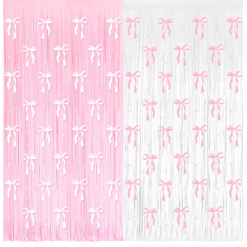 Image of 4 Pack Pink Bow Party Backdrop Decoration Pink Bow Foil Fringe Curtains for Girls Bow Birthday Baby Shower Decorations Bridal Shower Bachelorette Party Decor Supplies 3.2ft X 8.2ft