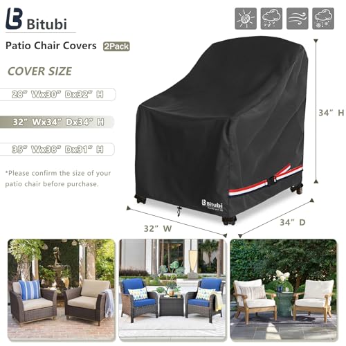Image of Bitubi Waterproof Patio Chair Covers, Lounge Deep Seat Cover Fits Up to 32W x 34D x 34H inch, Heavy Duty Outdoor Lawn Patio Furniture Cover (2 Pack, Black)