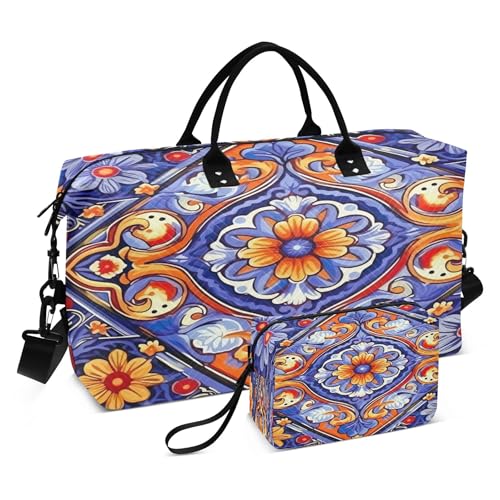 Mexican Style Ceramic Tiles Travel Duffel Bag for Women Weekend Overnight Dag with Toiletry Bag, Luggage Bag for Travel, Sport, Gym