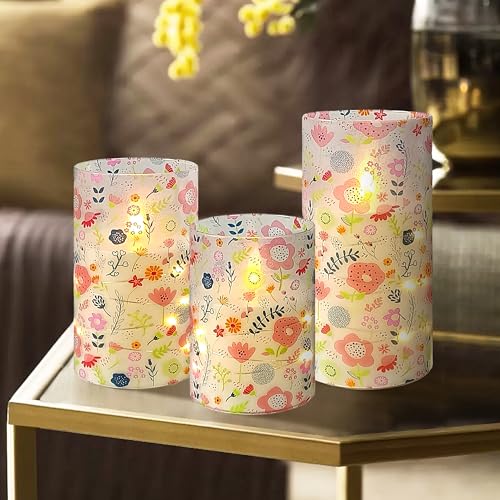 Image of Floral Flickering Flameless Candles, Recessed String Light LED Candles 3D Wick Acrylic Battery Operated LED Pillar Candles with Remote and Timer for Spring Decor Set of 3(Cute Floral)