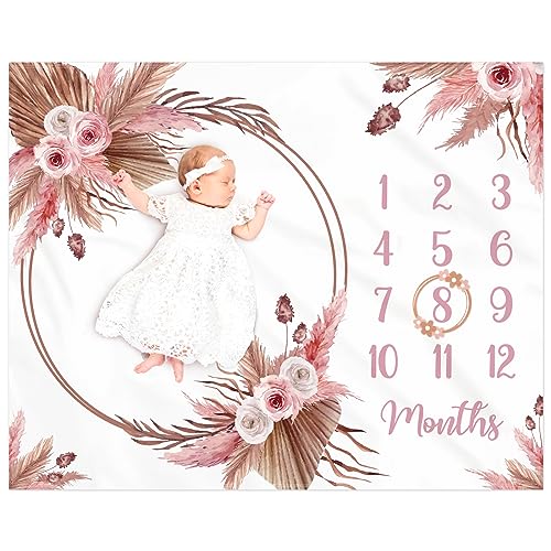 Image of Gicoherero Floral Boho Baby Monthly Milestone Blanket Little Girl Bohemian Photo Prop Blanket Personalized Bliss Baby Present Pampas Grass Ideas for Newborn Princess Pinkk Nursery Décor 40" X 50"
