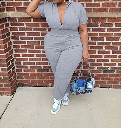 One Piece Jumpsuits For Women - Short Sleeve Hoodie Zip V Neck Bodycon Long Romper Playsuits Gray 1X #TOP1