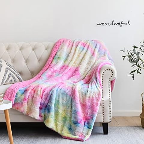 NEWCOSPLAY Super Soft Faux Fur Throw Blanket Premium Sherpa Backing Warm and Cozy Throw Decorative for Bedroom Sofa Floor (Light Rainbow, Throw(50"x60")) Cover