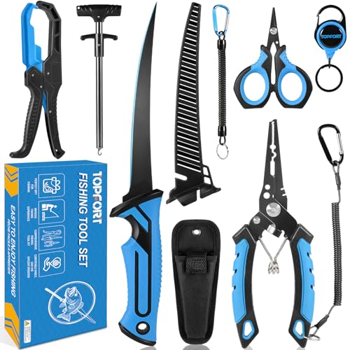 TOPFORT Fishing Gear Tool Kit - 7PC Saltwater Fishing Pliers Accessories Set - Fishing Equipment with Fish Knife Scissors Hook Remover Tools Line Cutter and Fish Lip Gripper - Fishing Gifts for Men