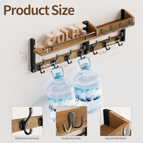 Image of 29 inch Coat Rack Wall Mount with Shelf, Entryway Wall Shelf with Hooks, Heavy Duty Coat Hanger Wall Mount with Key Holders and Mail Organizer for Living Room, Bedroom, Wooden Brown & Black