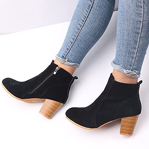 Womens Pointed Toe Stacked Mid Heel Ankle Boots Side Zipper Faux Suede Booties Slip On Western Booties Work Boots Casual Fashion Short Boots for Ladies Fall Winter Dress Shoes Comfy3