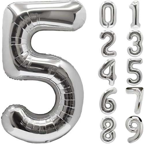 Image of Number Balloons Silver Party Balloon - Giant Number 5 Balloon, 40 Inch Large Balloon for Birthday Decorations, Silver Party Supplies for Anniversary