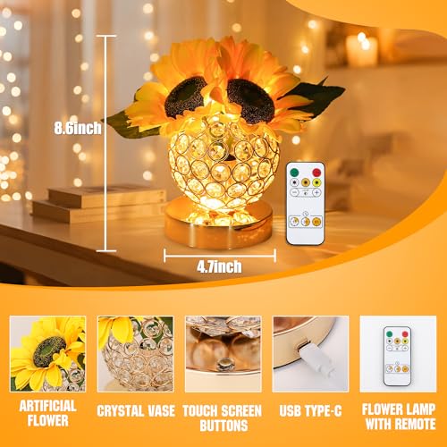 Image of Sunflower Flower Lamp for Women Gifts, 3 Color Dimmable Night Light, Rechargeable Cordless Touch Table Lamp for Womens Mom Wife Friends Girlfriend Her Gifts, Perfect for Bedroom Bar Coffee Shop