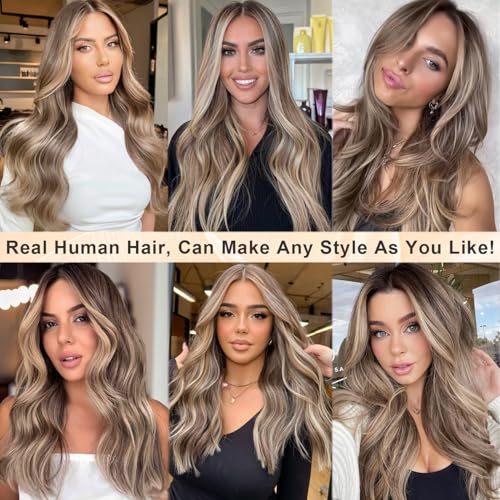 Image of Ombre Brown with Ash Blonde Highlight Lace Front Wig Human Hair for White Women 22 Inch Brazilian Real Remy Hair Ready to Go Glueless Wigs 13x4 Lace Frontal Pre Plucked Bleached Knots