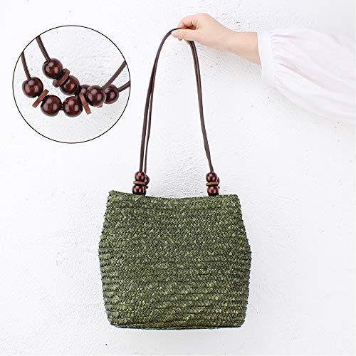 Women Retro Bucket Straw Bag Handwoven Rattan Beach Tote Shoulder Bag with Brown Bead (Green)4