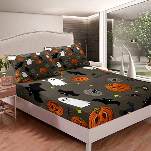 Erosebridal Halloween Theme Fitted Sheet Deep Pocket for Kids Boys Girls, Pumpkin Lantern Sheet Set, Stars Gothic Spooky Bed Sheet Cartoon Style Bedding Set Wrinkle Bedclothes Twin,(No Flat