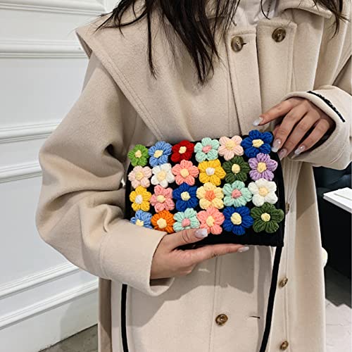 Women's Handwoven Crossbody Shoulder Handbag, Rectangle Cotton Handmade Purse Cute Summer Beach Bag with Knitted Flowers4