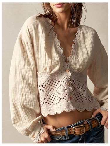 SHENHE Women's Deep V Neck Button Up Crochet Patchwork Long Sleeve Vintage Crop Blouse Top2