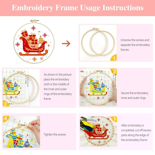 Image of Zhenqing Christmas Sleigh Gift Cross Stitch Kit with Hoop - 11CT Pre-Printed 24x24cm Fabric & Complete Tools for Beginners (68341)