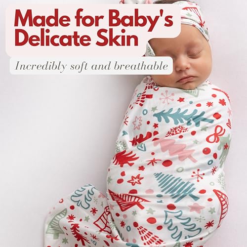 Image of Newborn Swaddle Blanket Set, Headband and Beanie | Polyester, 1-piece set, receiving and swaddle blanket, Red Cartoon Christmas, matching headband, matching beanie