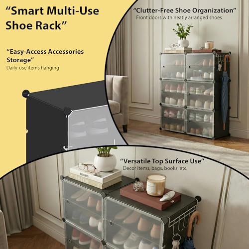 Image of ALOXE DIY Foldable Shoe Rack | 4 Layer Plastic Shoes Rack with Door Cover | Multipurpose Stand for Home & Entryway (Black)