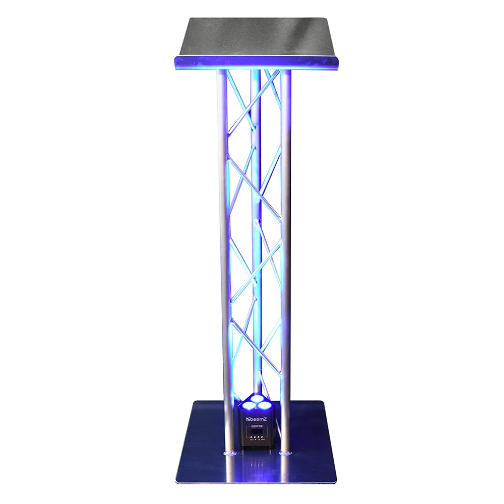 beamz SC Pro 1TRU Portable Aluminium Truss Lectern Podium Stand with Compact RGBAW LED Par Podium Light, Slanted 460mm Top, Triangle Design, Lectern with Light for Stage Events and Conferences