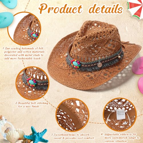 Image of JaGely 6 Pcs Men's Women's Straw Cowboy Hat Adjustable Western Cowgirl Classic Retro Woven Cowboy Hat with Wide Brim