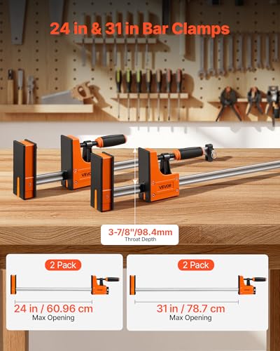 Image of VEVOR Bar Clamps for Woodworking, 4-Pack, 24 inch and 31 inch F Clamps, 1100 lbs Load Limit, Clamp /Spreader 2 Modes, Soft Rubber Pads, Ergonomic Handle, Carbon Steel Bar, for Wood Working and Metal Working