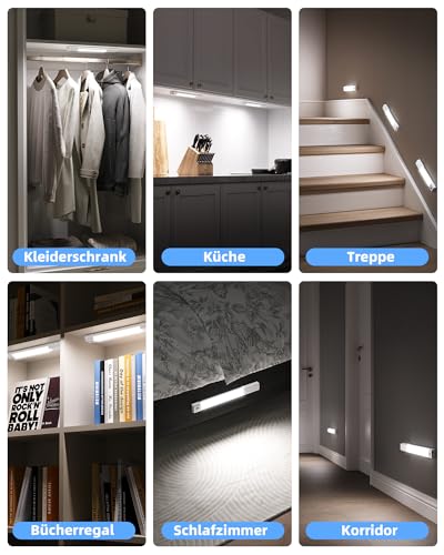 EZVALO Schrankbeleuchtung 20CM*3 Stück,30 LED Schrankleuchte Led mit Bewegungsmelder, Unterbauleuchte Küche LED mit 3 Farbtemperaturen Dimmbar Wiederaufladbar für Kleiderschrank, Küche, Treppe