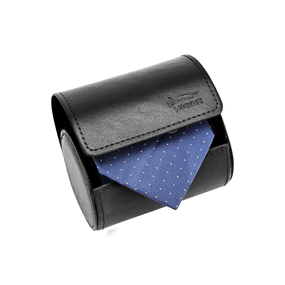 Leather Tie Case Box Organizer for Men's Necktie and Bow Tie Storage Travel Gift Box (round button, Black, 4.3" x 3.3" x 3.3")