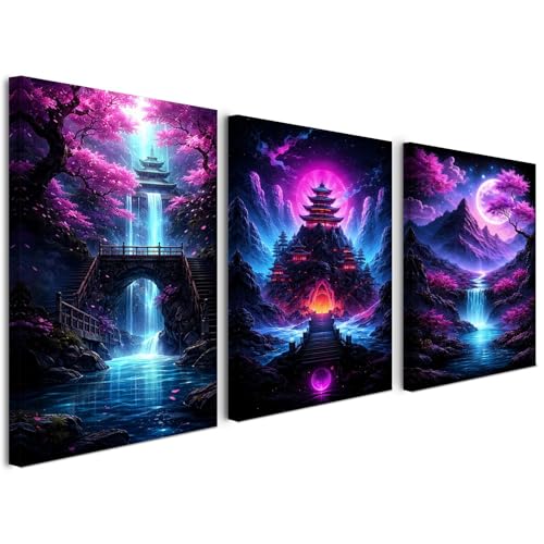 Tableau sur toile paysage fantastique lune forêt cascade cadre 30x40cm