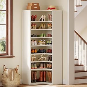 Tribesigns Corner Shoe Cabinet for 40 45 Pairs 9 Tier Large Wooden Shoe Storage Rack 65 Tall Shoe Organizer with Open Storage Closed Back for Entryway Hallway Closet Living Room White