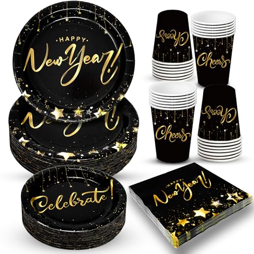 KatchOn New Years Eve Party Pack - 68 Pieces, Serves 16 | Happy New Year Plates & Napkins, 2025 Party Supplies