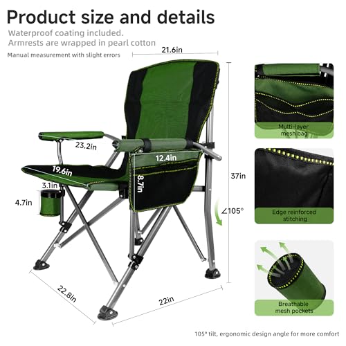 Image of Heavy Duty Folding Camping Chair Supports 400 LBS, Hard Arm Portable Outdoor Chair with Cup Holder & Storage Bag, Foldable Collapsible for Camp, Picnic, Lawn, Fishing,Green
