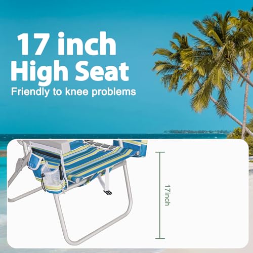 Image of Romswi Tall Beach Chair Extra Wide for Adults, 17 inch High Seat Backpack Beach Chair with Cooler Bag, Cup & Phone Holder, 5-Position High Back Reclining Chair with Towel Bar & Zipper Pocket, Blue Stripes