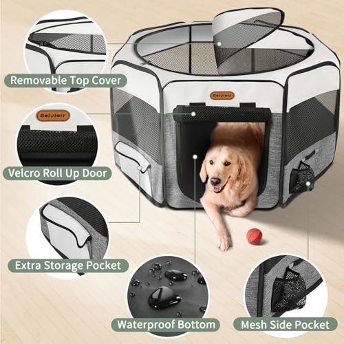 Image of Seiyierr Puppy Playpen, 45 inch Portable Dog Playpen, Pet Playpen for Dogs Cats, Pop Up Playpen and Exercise Play Pen Dog Tent Indoor / Outdoor, Removable Shade Cover